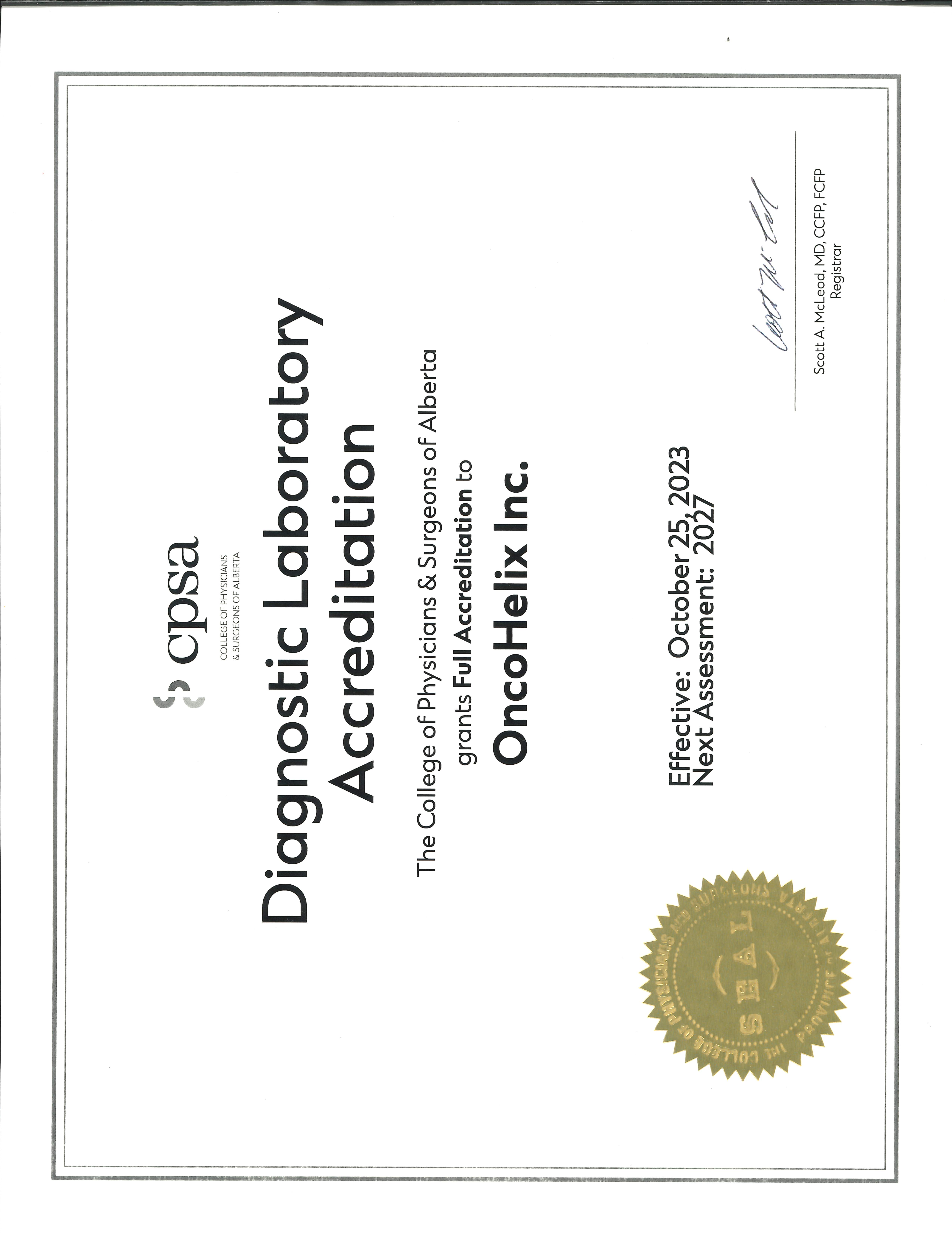 CPSA Accreditation — OncoHelix Lab
